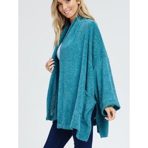 KSC Sweaters - ADDIE Turquoise Terry Oversized Open Cardigan KSC Sweaters - ADDIE Turquoise Terry Oversized Open Cardigan